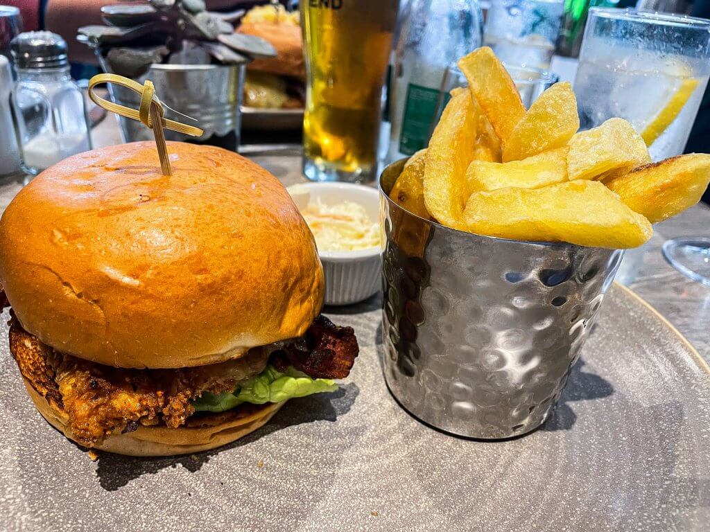 Burger and chips on the garden terrace at Langton's Kilkenny Ireland