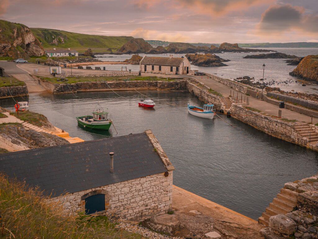Ballintoy harbour in County Antrim at sunrise