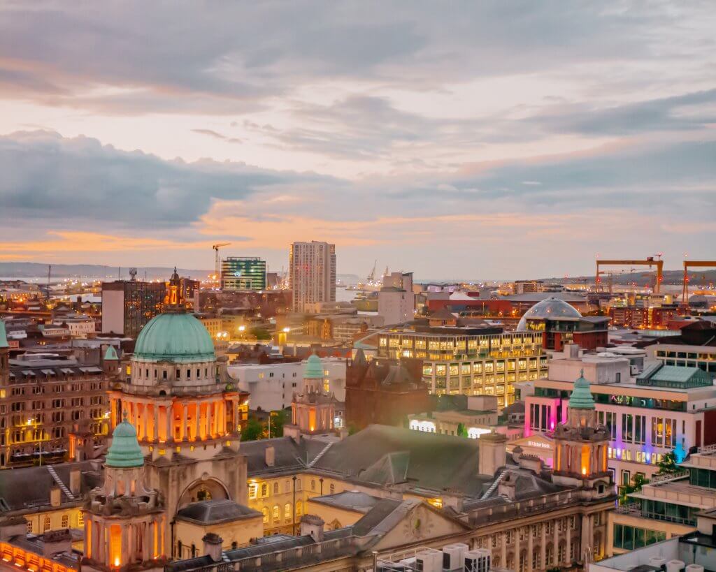 Aerial view of Belfast at night from the Grand Central Hotel
