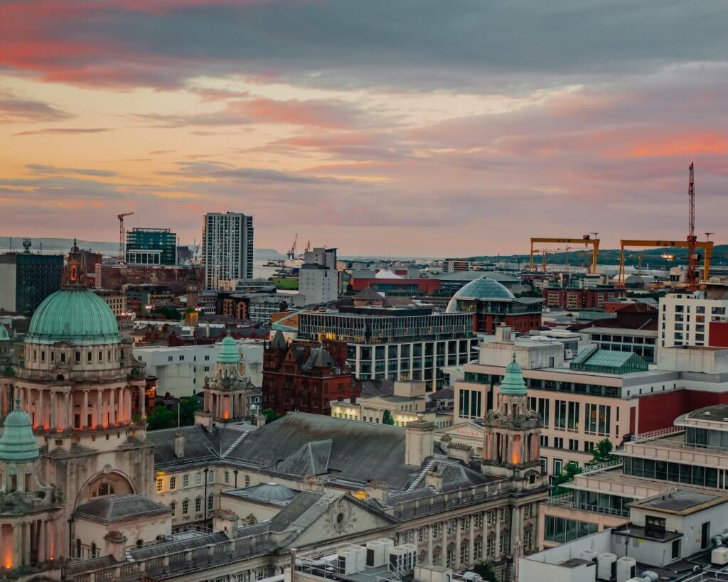 Aerial view of Belfast at Sunset