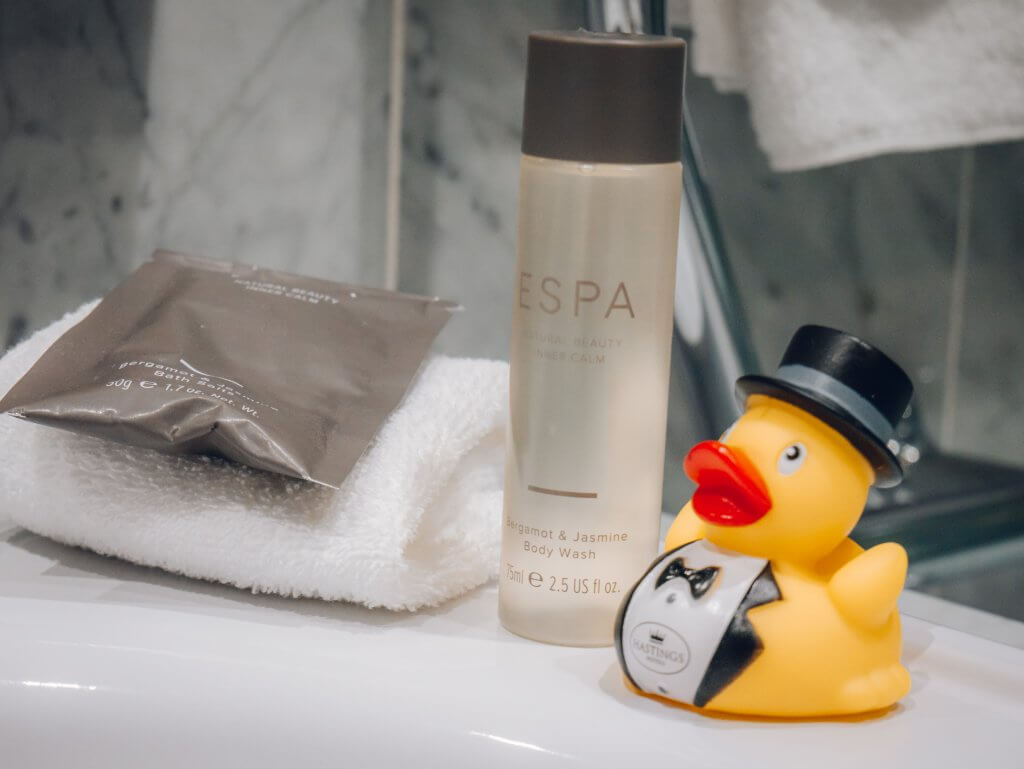 Hastings Duck and ESPA products in a bathroom at the Culloden Estate and Spa