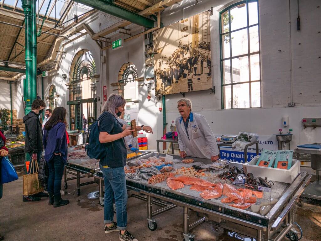 Fish stall at St George's Market on a walking tour Belfast