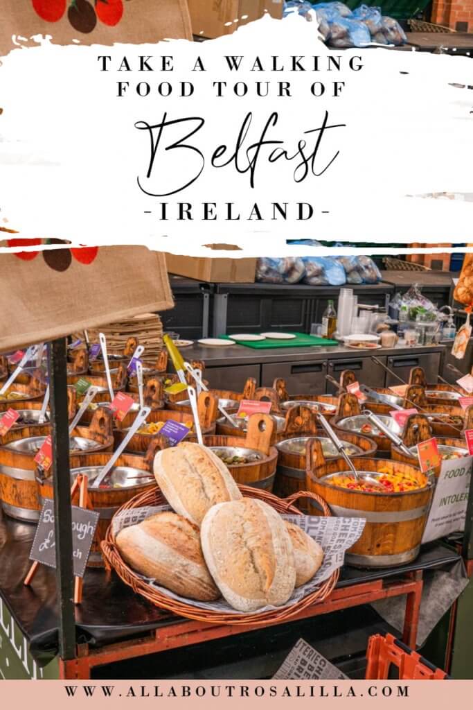 Image of a Belfast Food market with text overlay walking tour Belfast