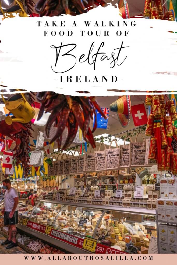 Image of a Belfast Food market with text overlay walking tour Belfast