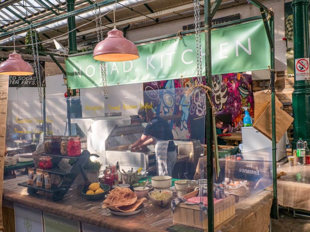 Food stall at St George's market on a walking tour of Belfast