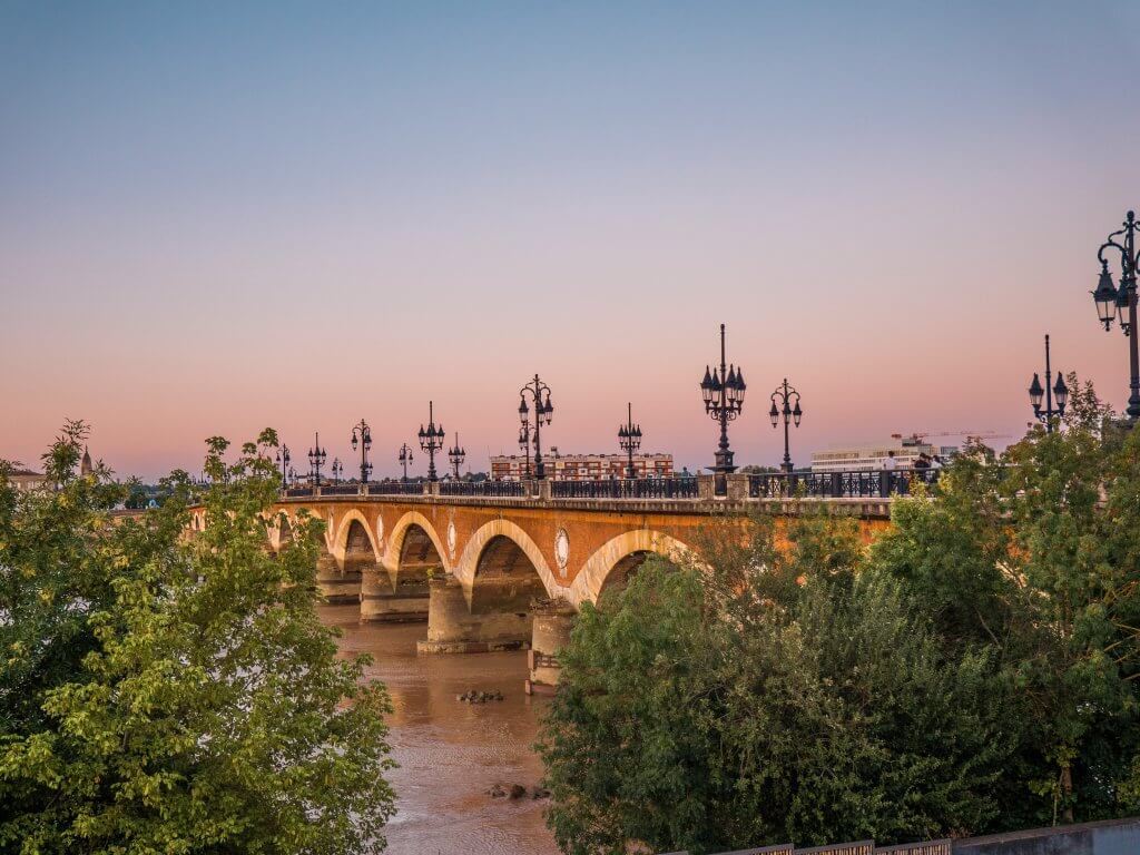 Pointe de Pierre bridge crossing the river Garonne, photographed at sunset