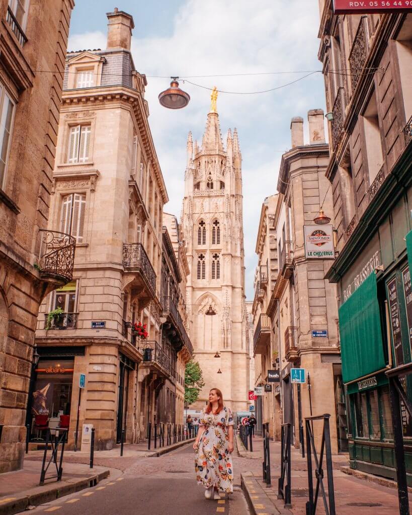 View of the Pey Berland Tower from Rue Du Loop in Bordeaux France, Day 2 of Bordeaux itinerary