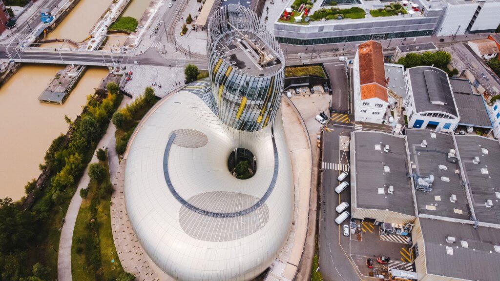 Aerial view of the cite du vin wine museum in Bordeaux France which must be on your Bordeaux itinerary