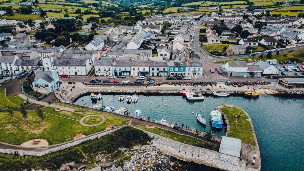 Aerial view of Carnlough Harbour which is a hidden gem in Antrim Northern Ireland