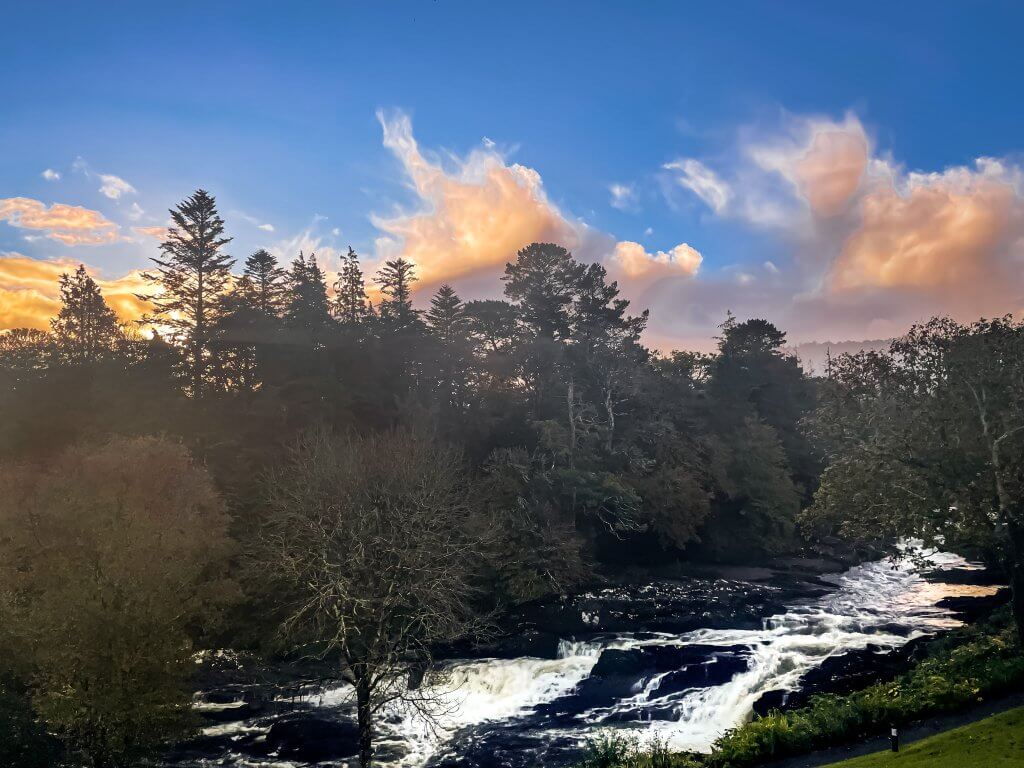 Sheen Falls Lodge's iconic waterfall, a mesmerizing natural wonder that adds to the hotel's charm.