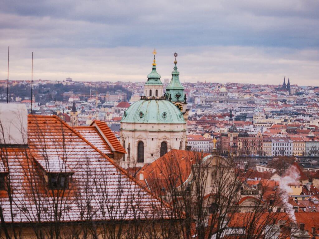 Aerial rooftop view of Prague city