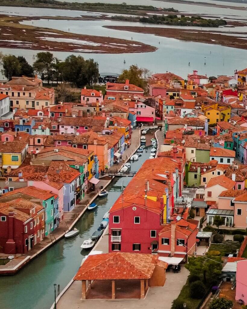 Aerial view of the colourful houses in Burano Italy