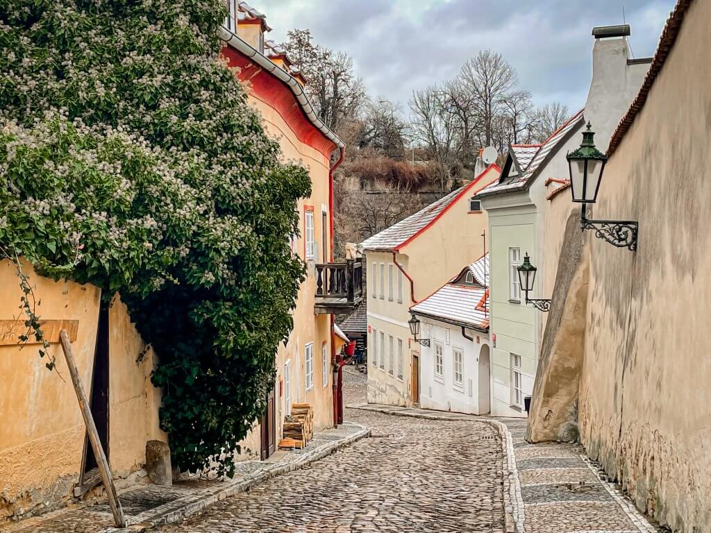 Charming cobbled laneways lined with colourful cottages in Novy Svet Prague 