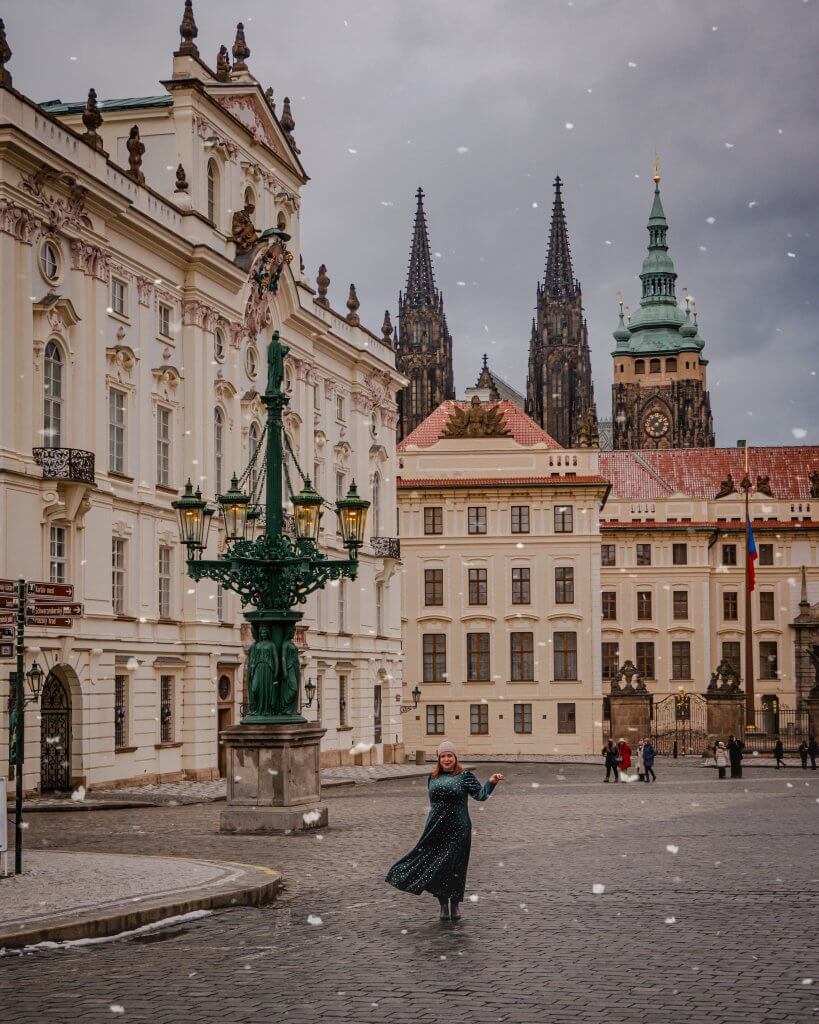 Woman with chronic illness in snowy Prague