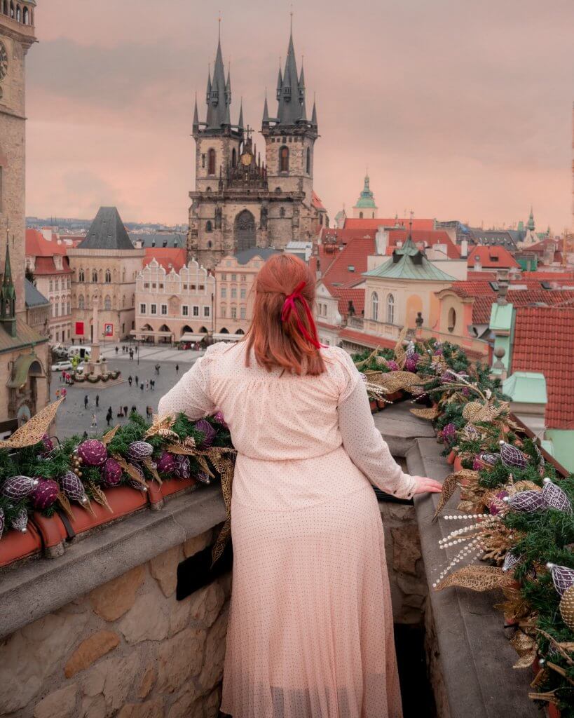 Rooftop views of Prague old town from Terasa U Prince restaurant in Prague one of the stops on small group tours Europe