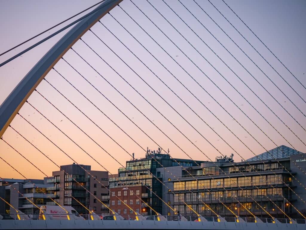 Sunset at Samuel Beckett Bridge a must do on your 2 day Dublin itinerary