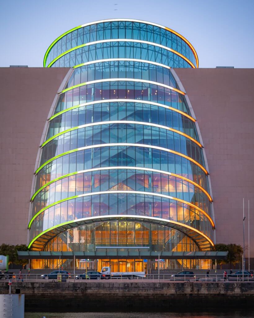 Convention centre in Dublin Ireland lit up at night