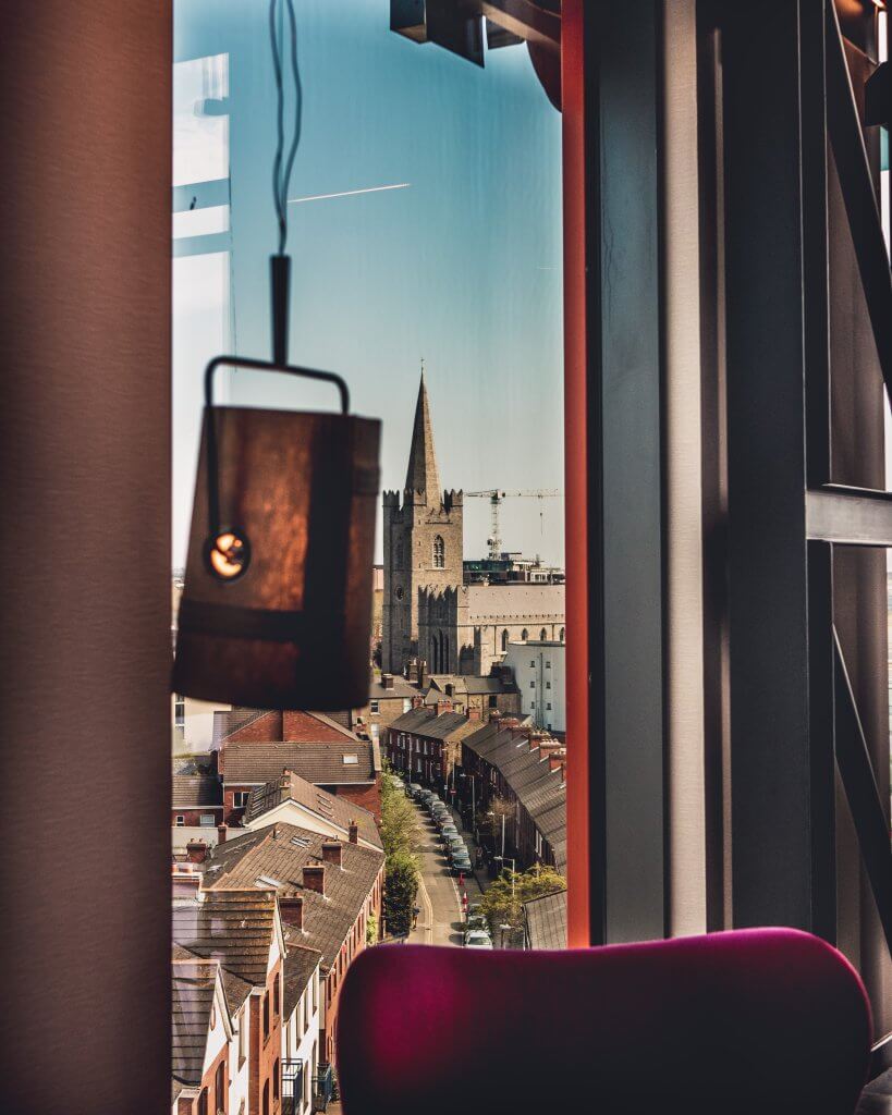 View of St Patrick's Cathedral in Dublin from the rooftop bar in Aloft Dublin City Hotel