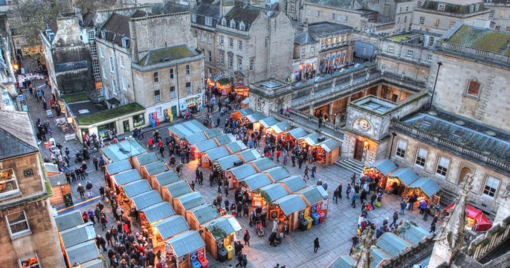 Aerial view of the wooden chalets at Bath Christmas Market
