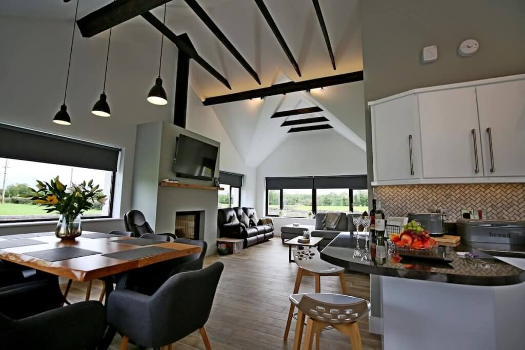 Open plan living at Clonlee farmhouse one of the best airbnb's in Ireland for groups