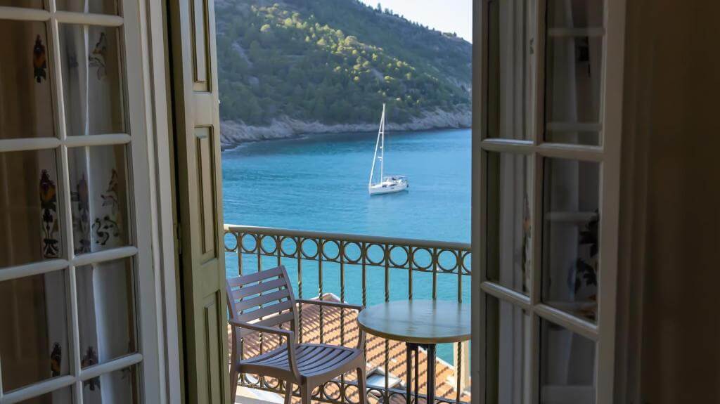 Panoramic sea views from the balcony of Linardos apartments in Assos