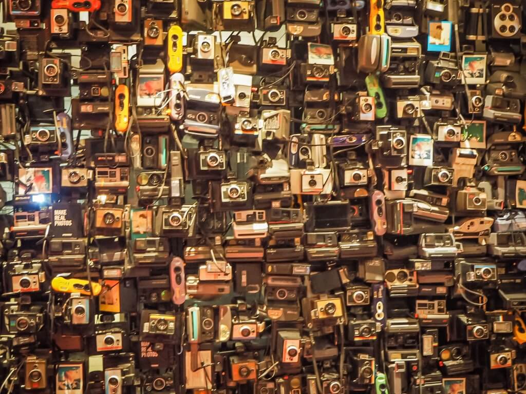 wall of cameras in 25hours hotel Vienna Austria