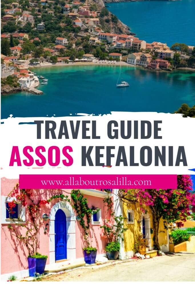 Images of colourful buildings with text overlay travel guide Assos Kefalonia Greece