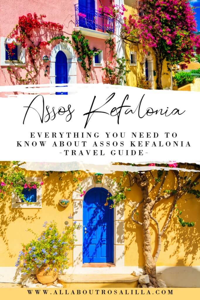 Colourful Greek houses with text overlay everything you need to know about Assos Kefalonia Greece