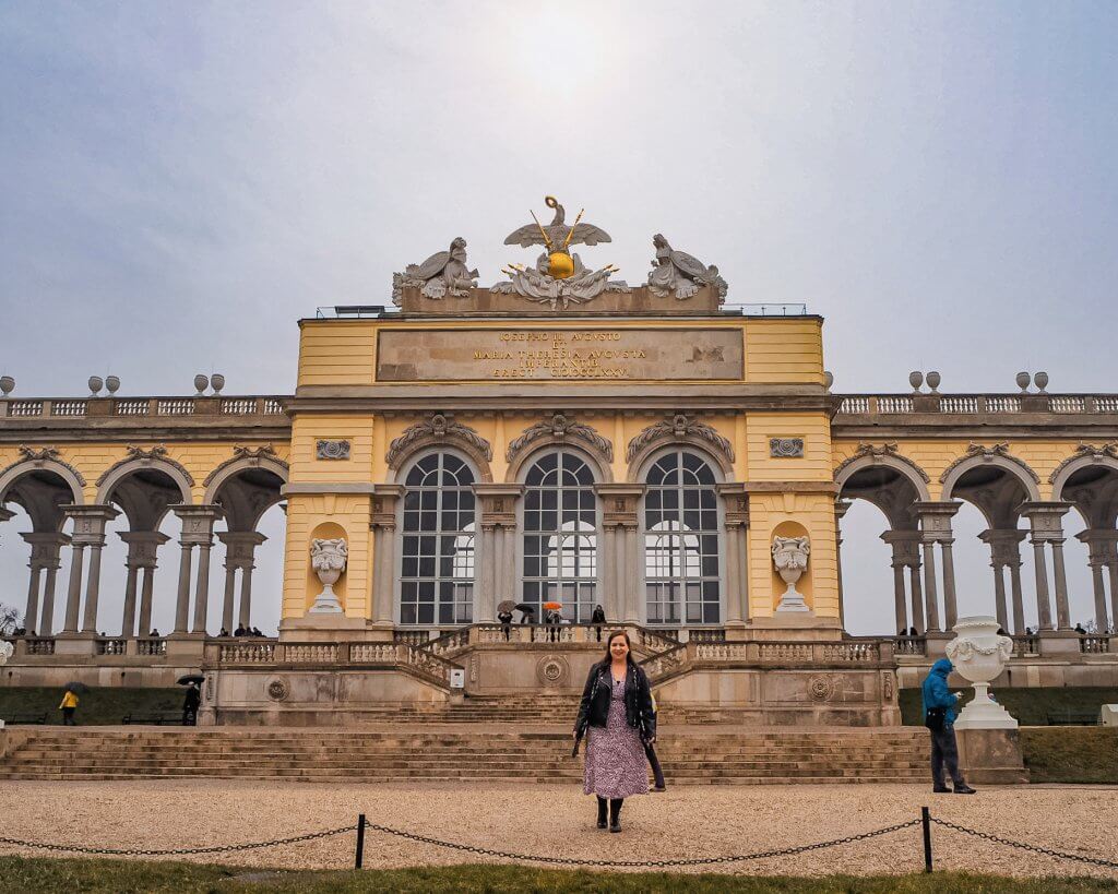 Woman standing at Gloriette in Schonbrunn Palace in Vienna