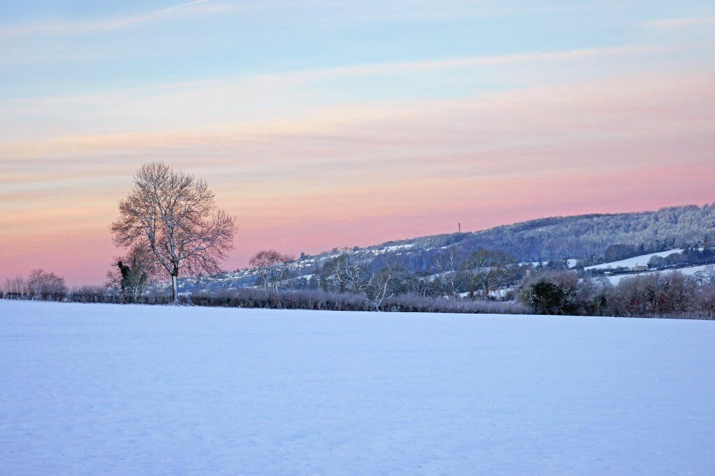 Cotswolds countryside covered in snow