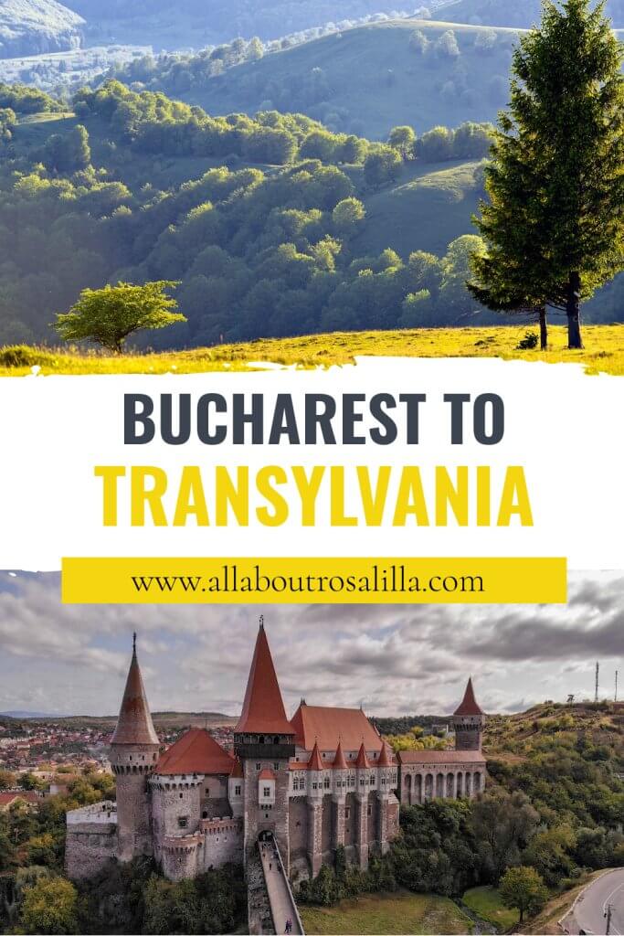 Image of fields in Romanaia and Corvin Castle in Transylvania with text overlay Bucharest to Transylvania