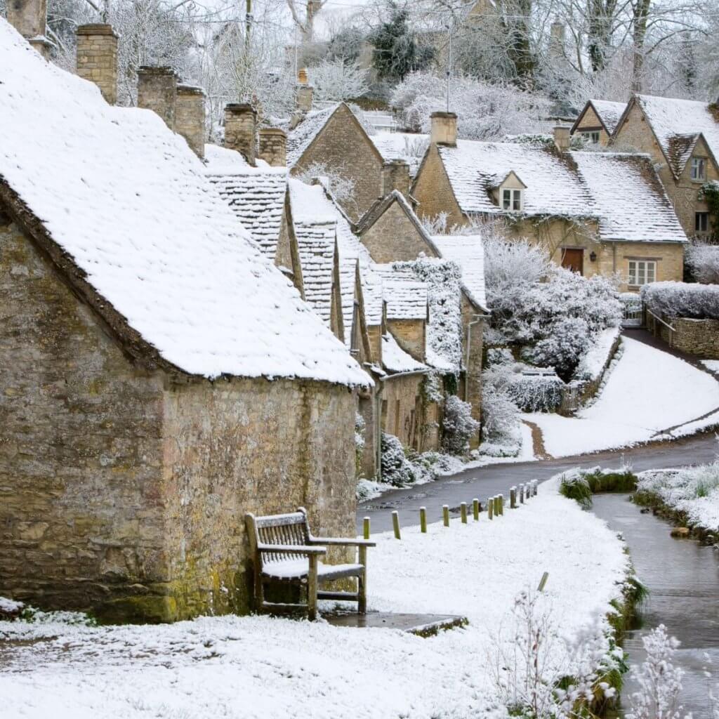 Bibury in the snow at Christmas in the Cotswolds