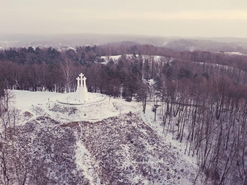 Moument of the hill of three crosses covered in snow in Vilnius Lithuania