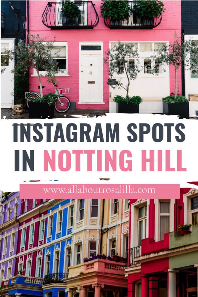 Pastel coloured buildings in Notting Hill with text overlay Instagram spots in Notting Hill