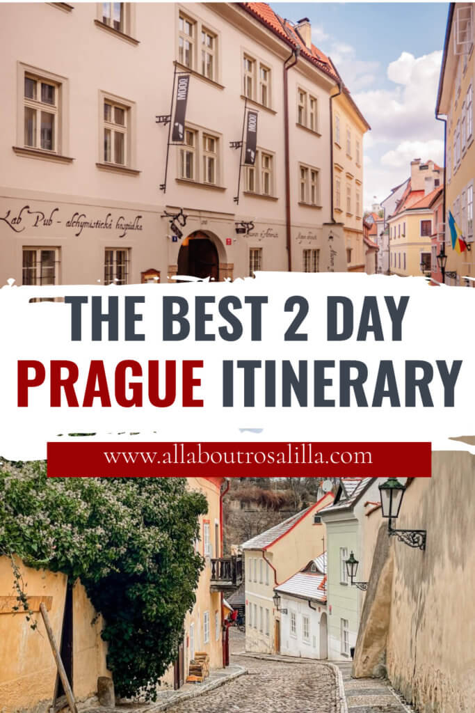 Colourful streets of Prague with text overlay the best 2 day Prague itinerary