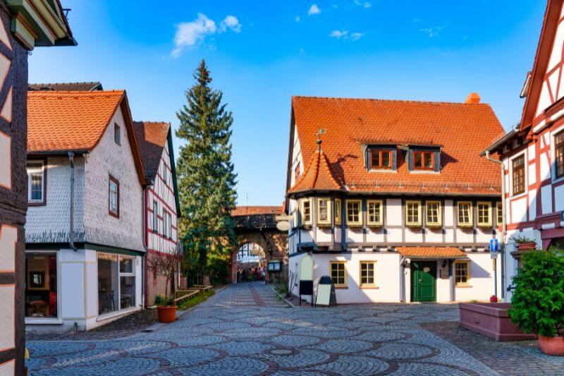 Michelstadt’s town square beautifully decorated with twinkling Christmas lights and festive market stalls.
