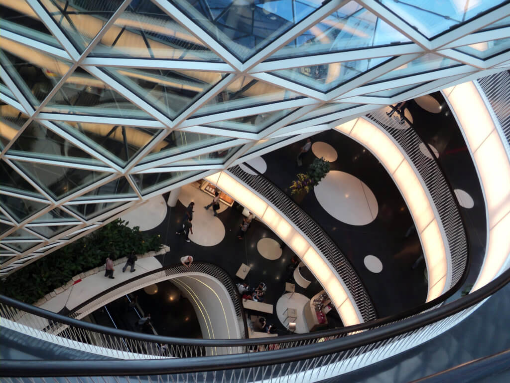 The interior of MyZeil in Frankfurt, featuring its distinctive and eye-catching glass design.