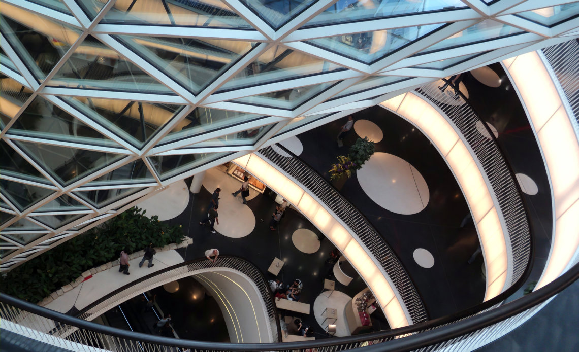 The interior of MyZeil in Frankfurt, featuring its distinctive and eye-catching glass design.