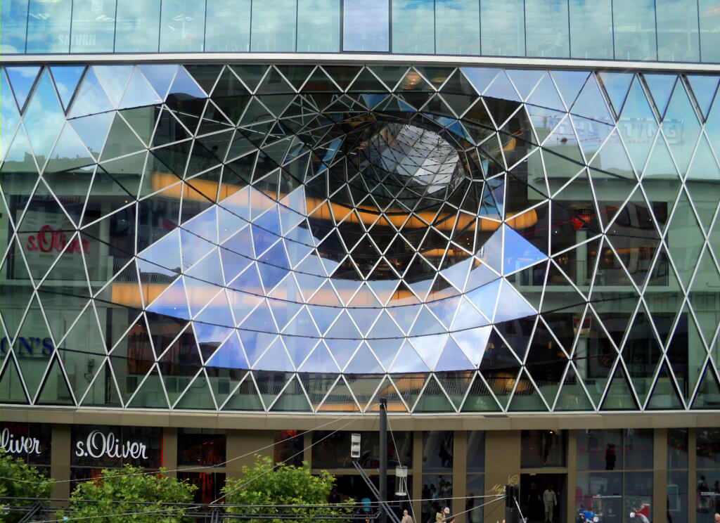 MyZeil’s iconic twisted glass roof, capturing the futuristic architecture in Frankfurt.