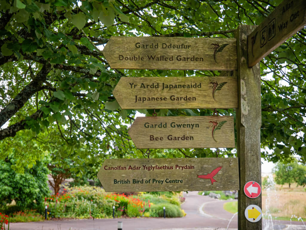 Sign posts at the National Botanic Garden of Wales in Carmarthenshire