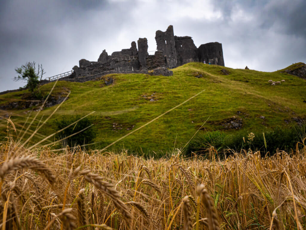 Carreg Cennan Castle perched on a hill in West Wales