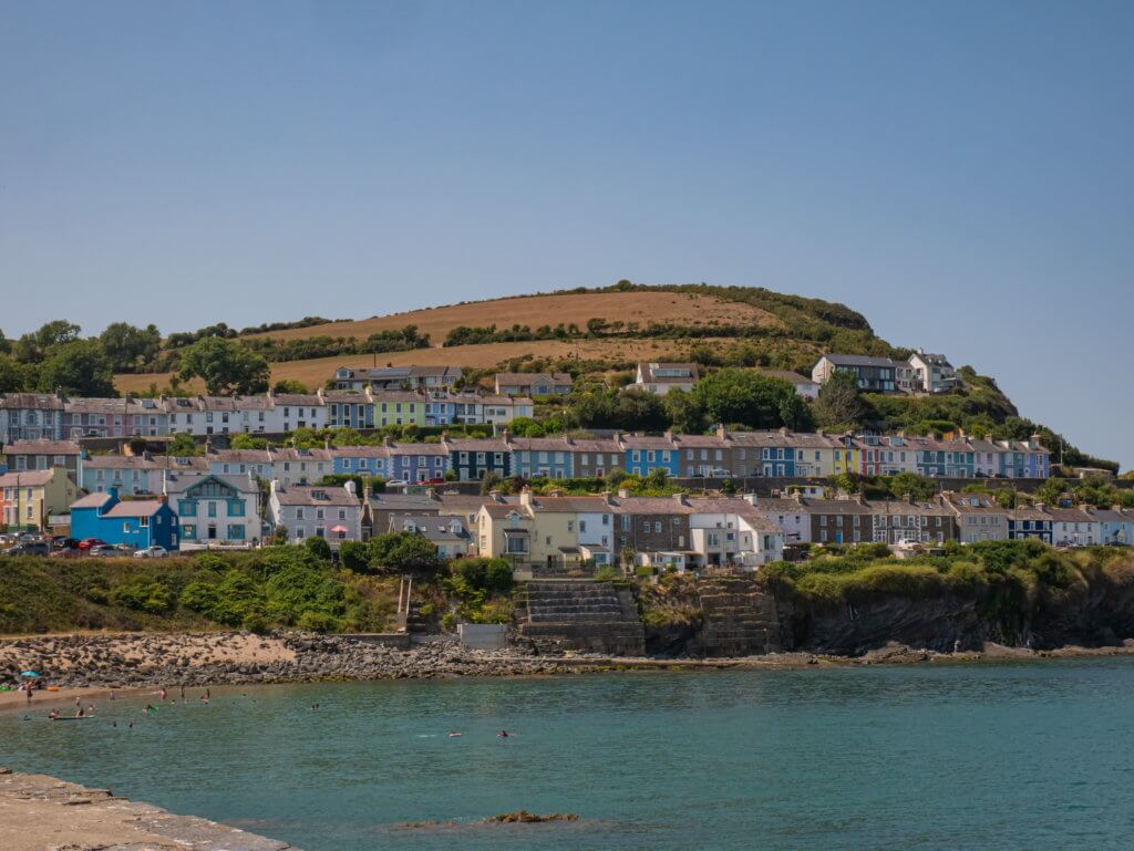 Colourful houses overlooking the beach at New Quay in West Wales along the Celtic Routes