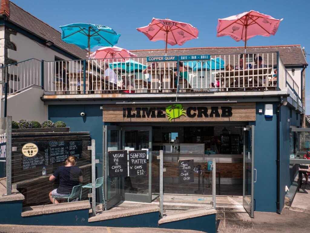 Exterior of The Lime Crab Fish n Chip restaurant in New Quay Wales