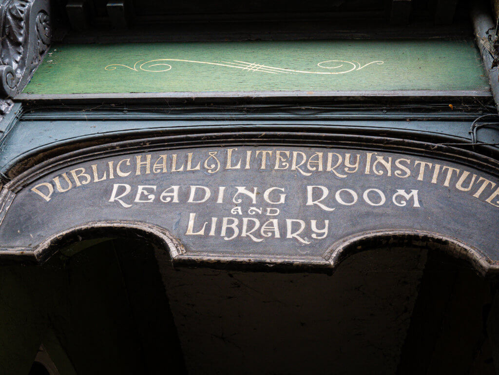 Sign for Public Hall and Literary Institute Reading Room and Library in Llandeilo West Wales