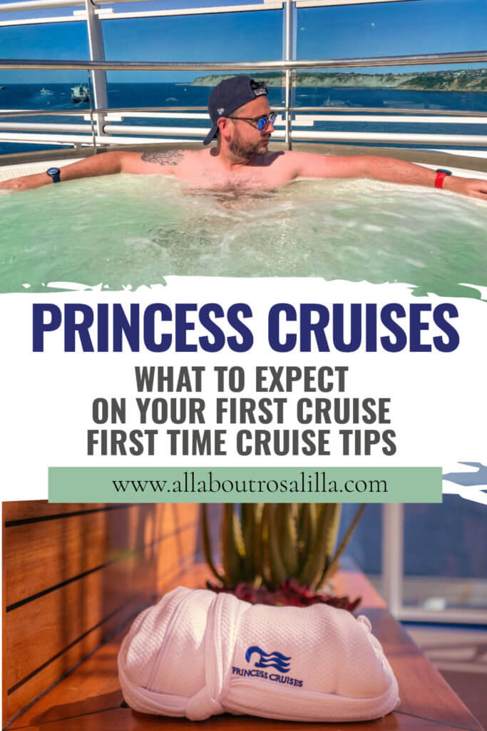Man in a hot tub onboard Sky Princess Cruise Ship with text overlay what to expect on your first cruise