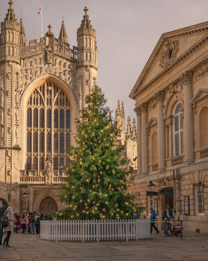 Large Christmas Tree outside Bath Abbey in England