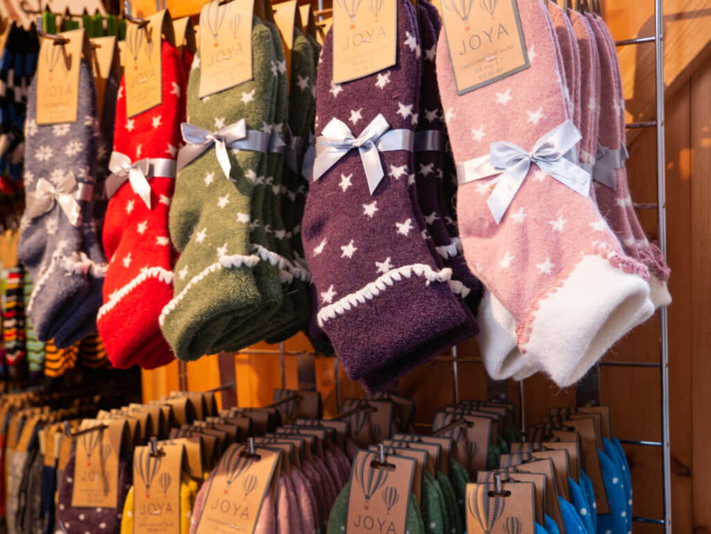 Knitted socks on display at Bath Chriatmas Market