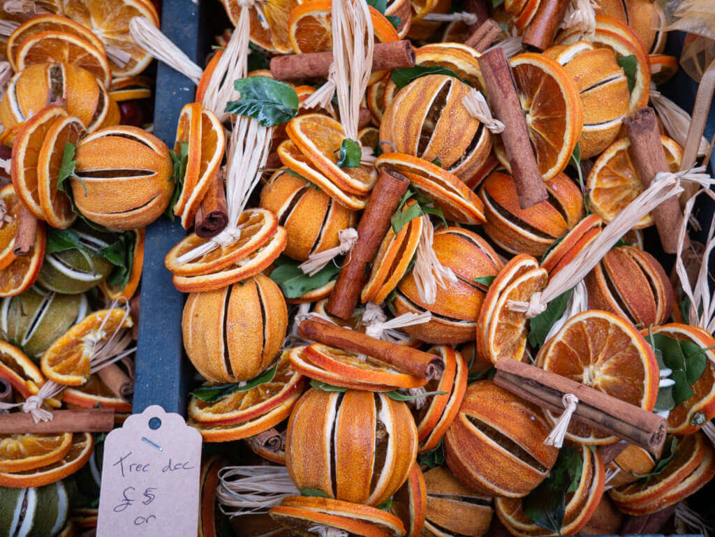 Oranges and cinammon stick ornaments at Bath Christmas Market