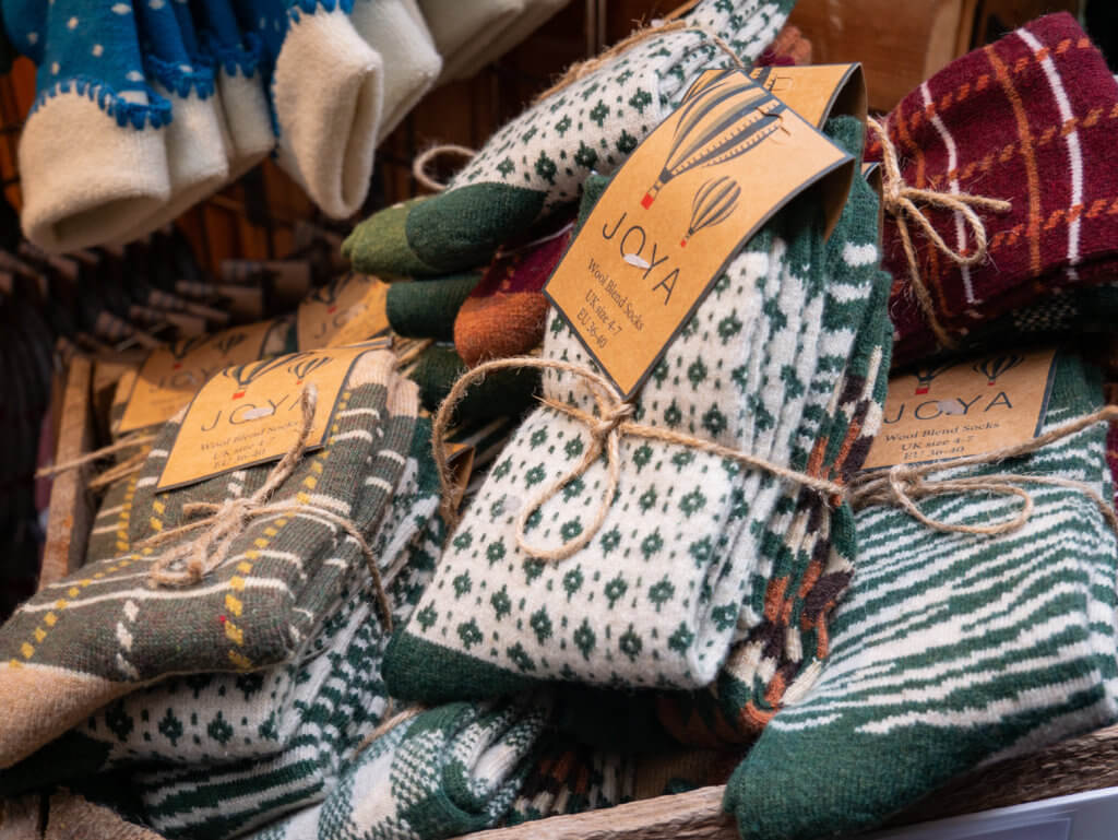 Knitted goods for sale at Bath Christmas Market
