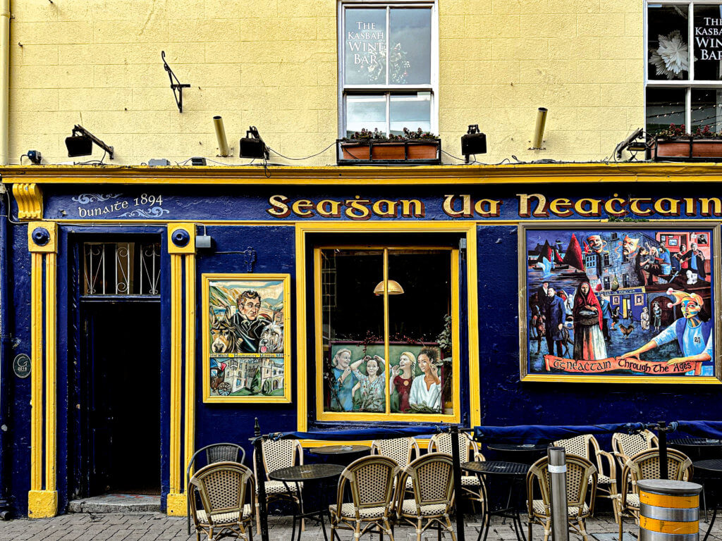 Yellow and blue exterior of Tigh Neachtain one of the best Galway city pubs